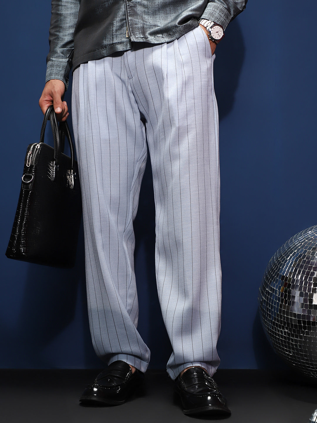 Campus Sutra Lightweight - Pinstripe-Pleated Chino Trousers
