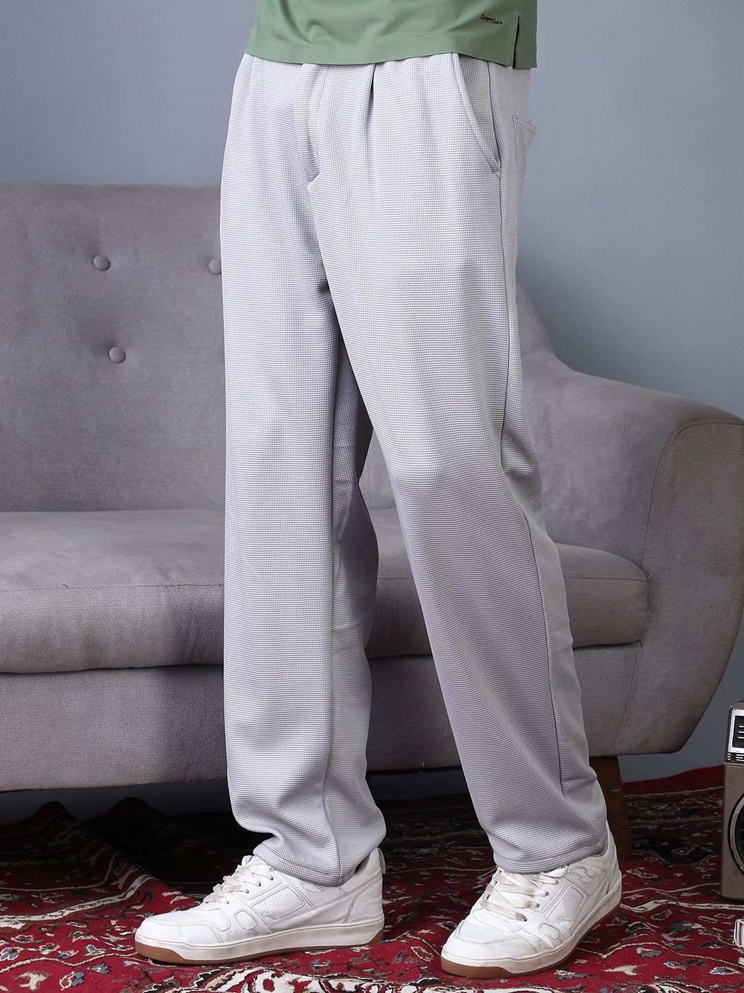 Campus Sutra Micro-Waffle Straight Trousers