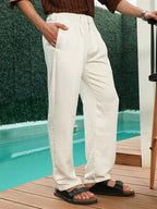 Campus Sutra Lightweight - Off White Textured Pleated Trousers