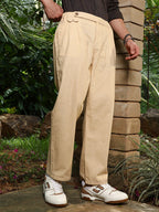 Campus Sutra Lightweight - Buff Beige Pleated Extended-Button Trousers
