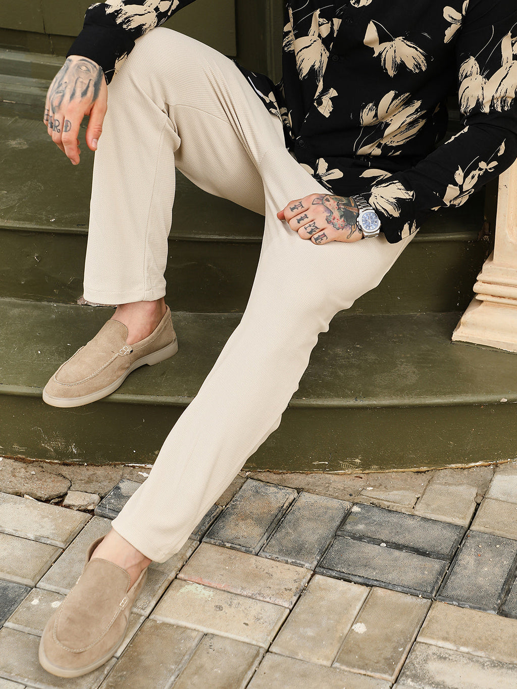 Campus Sutra Textured Extended-Waistband Trousers