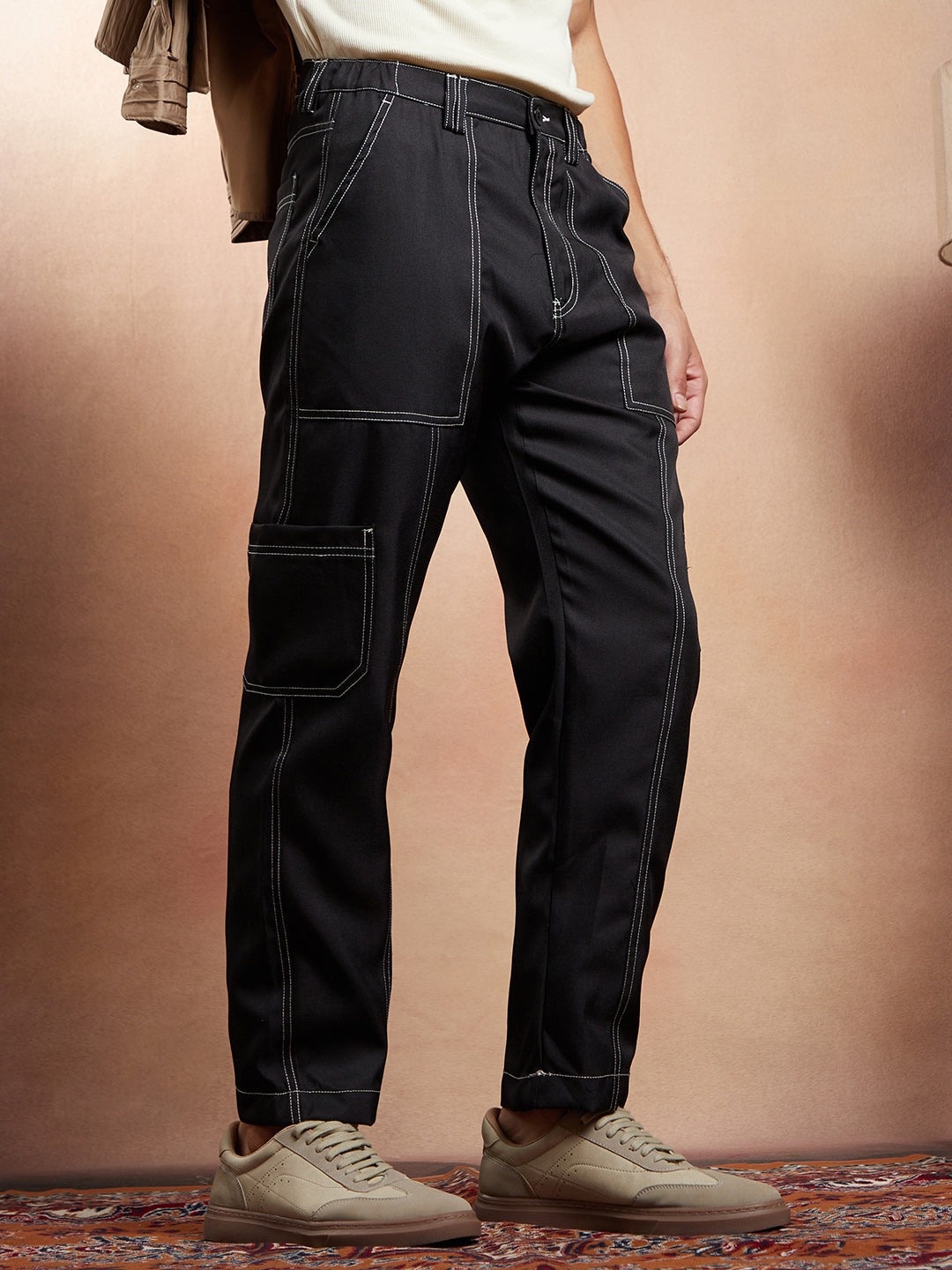 Campus Sutra Contrast-Stitch Carpenter Utility Trousers