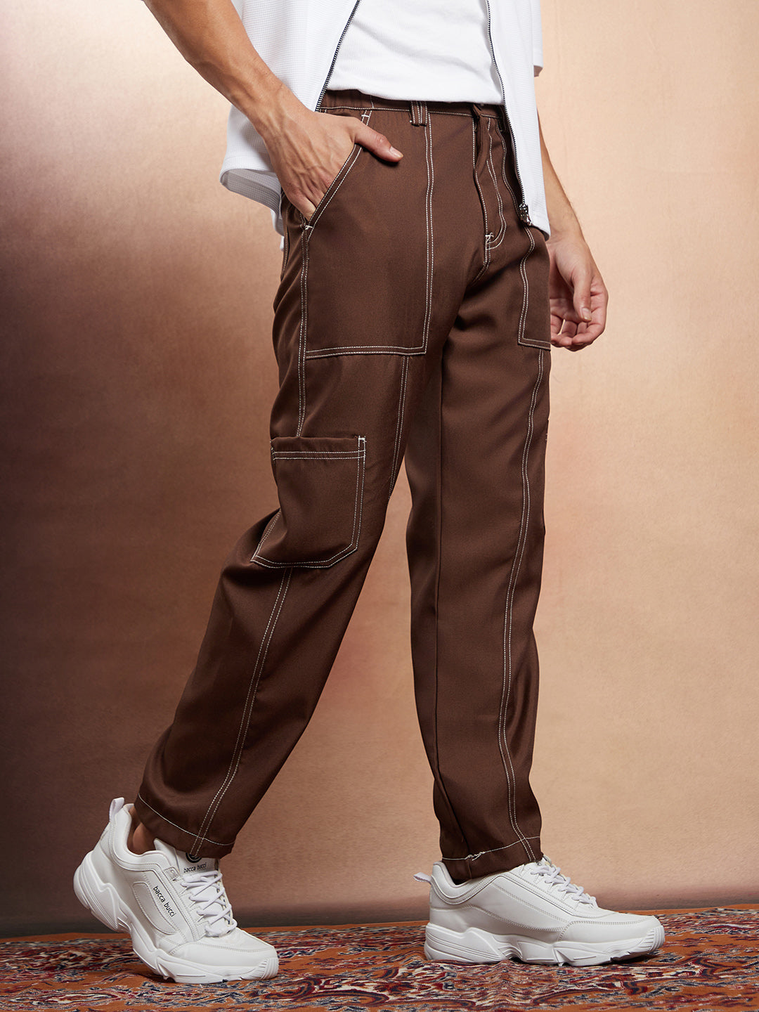 Campus Sutra Contrast-Stitch Carpenter Utility Trousers