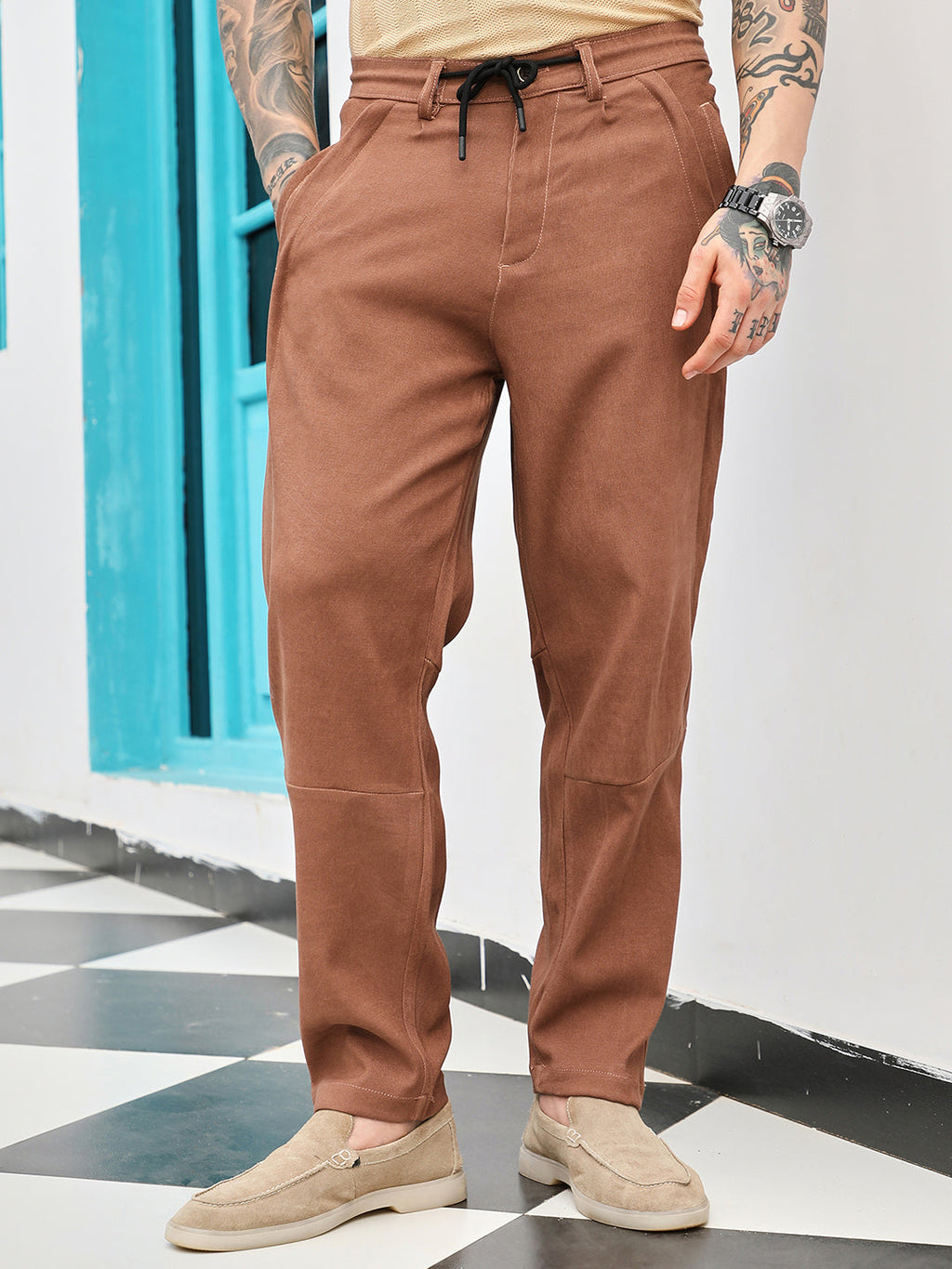 Campus Sutra Twill-Panelled Chino Trousers
