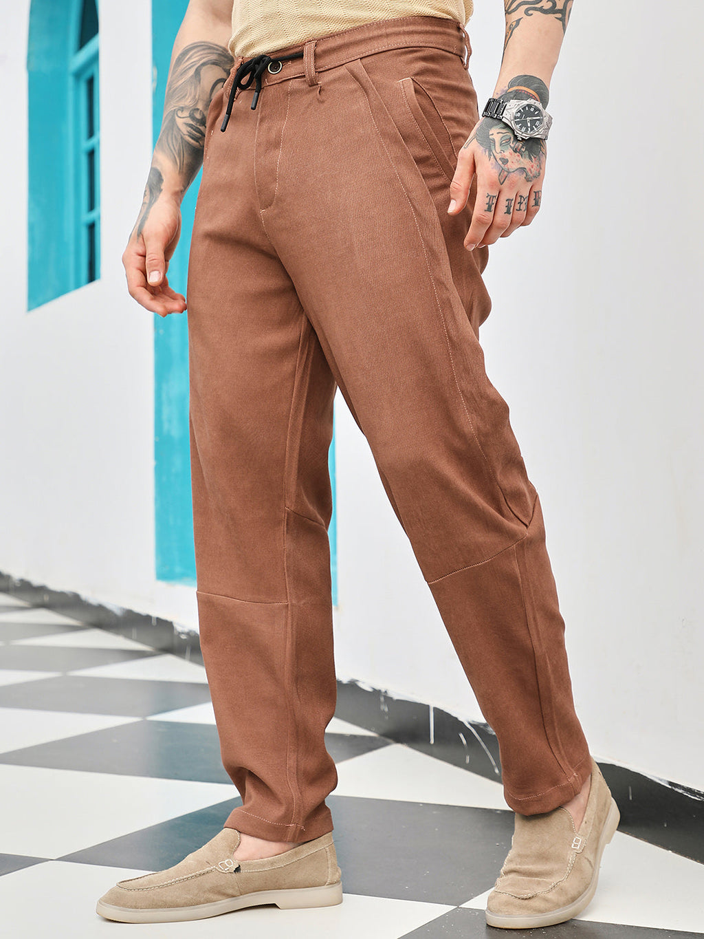 Campus Sutra Twill-Panelled Chino Trousers
