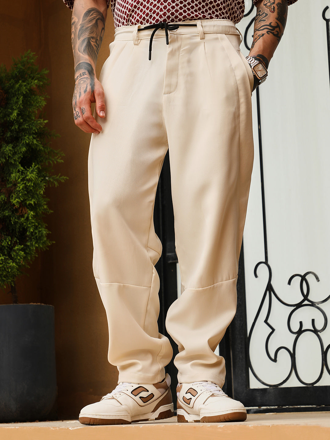 Campus Sutra Twill-Panelled Chino Trousers
