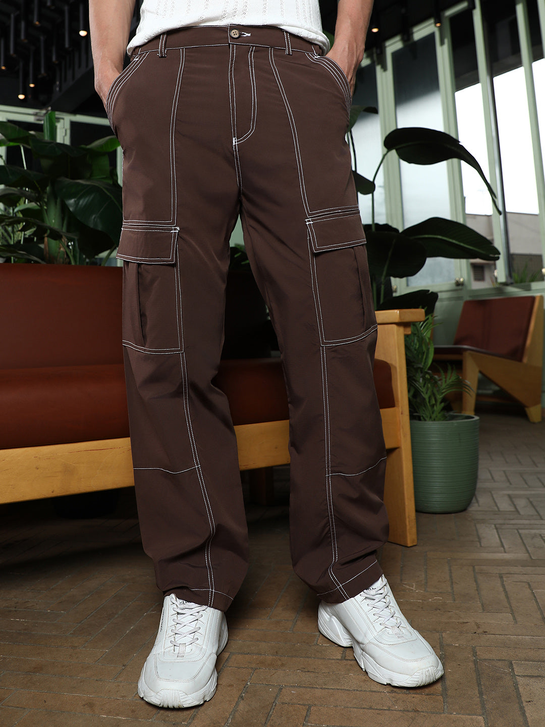 Campus Sutra Contrast-Stitch Utility Trousers