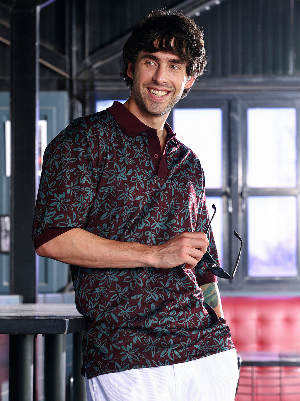 Campus Sutra Floral-Jacquard Polo T-Shirt