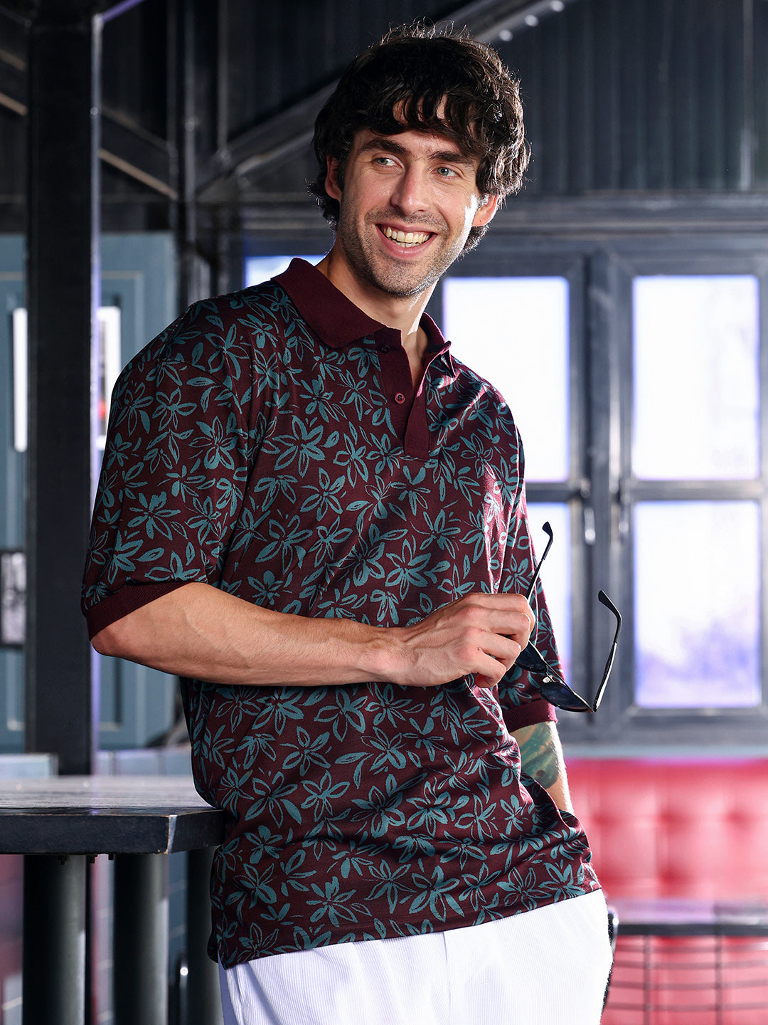 Campus Sutra Floral-Jacquard Polo T-Shirt