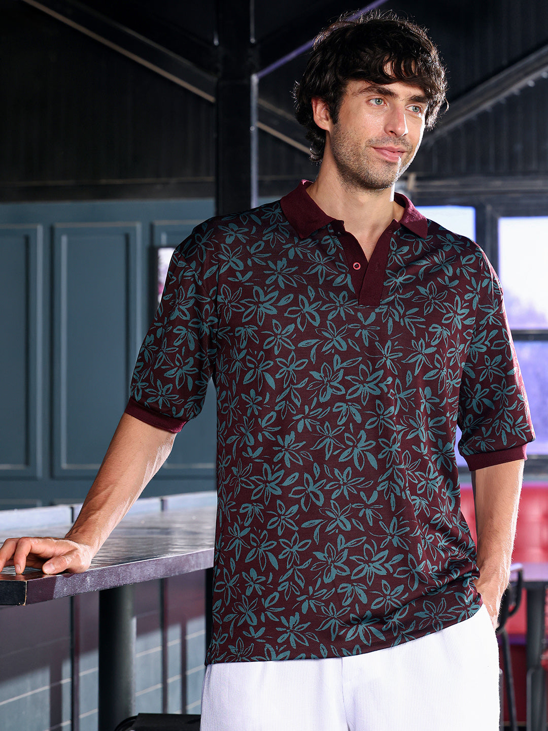 Campus Sutra Floral-Jacquard Polo T-Shirt