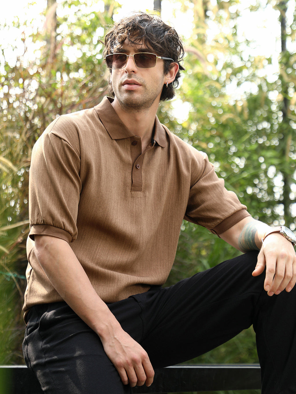 Campus Sutra Textured-Knit Polo T-Shirt