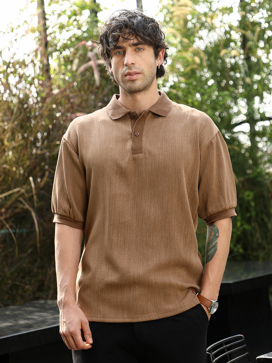 Campus Sutra Textured-Knit Polo T-Shirt