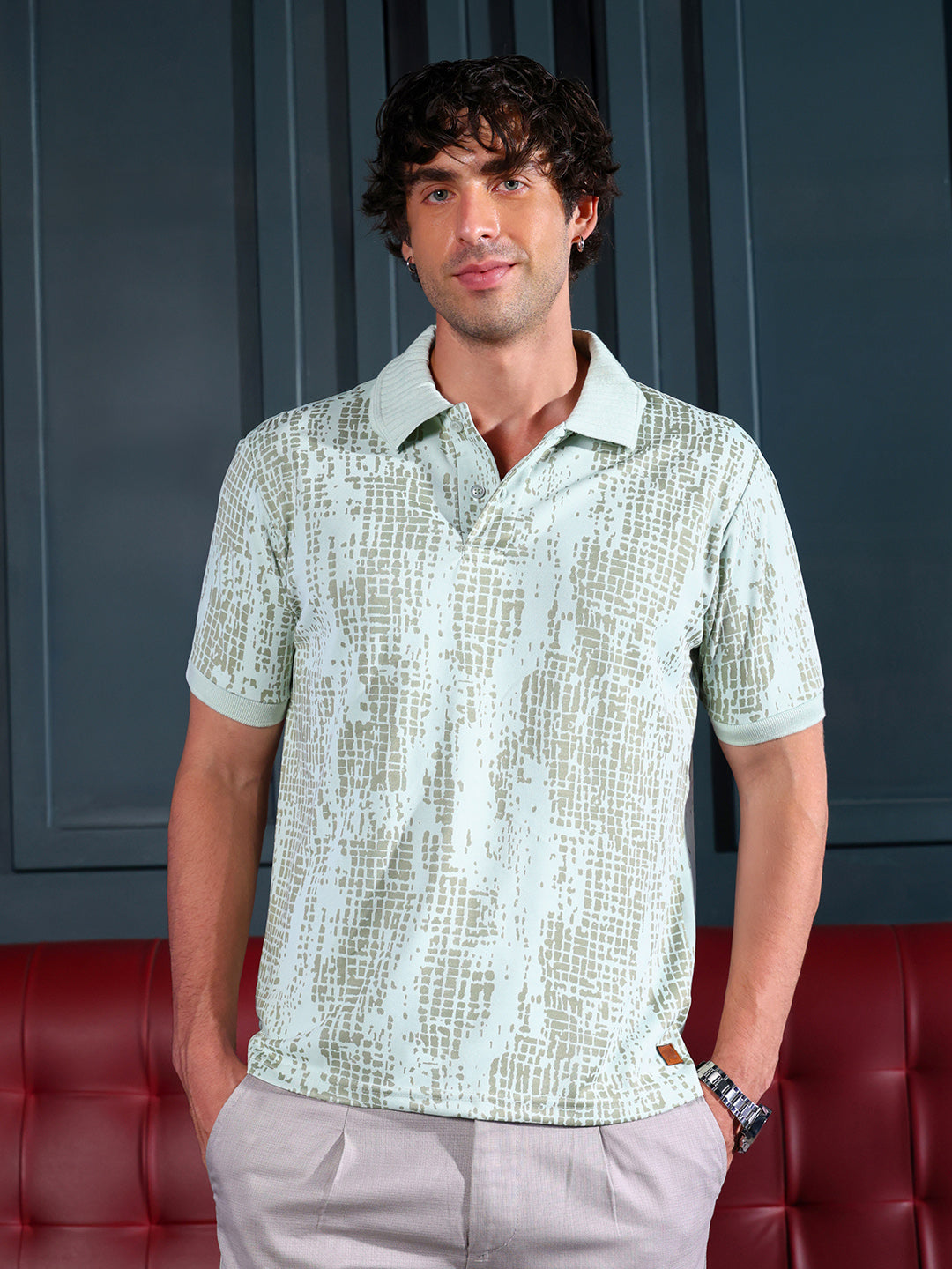 Campus Sutra Abstract-Gravel Print Polo T-Shirt