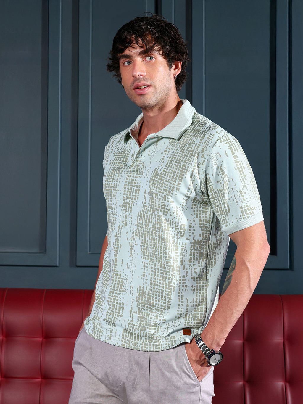 Campus Sutra Abstract-Gravel Print Polo T-Shirt