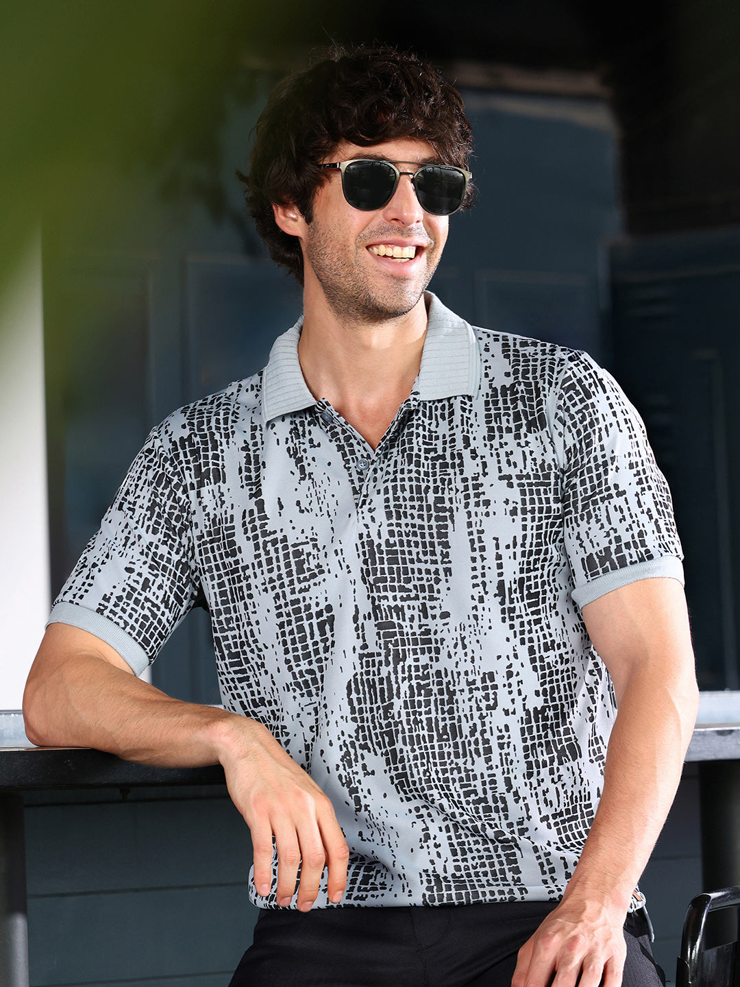 Campus Sutra Abstract-Gravel Print Polo T-Shirt