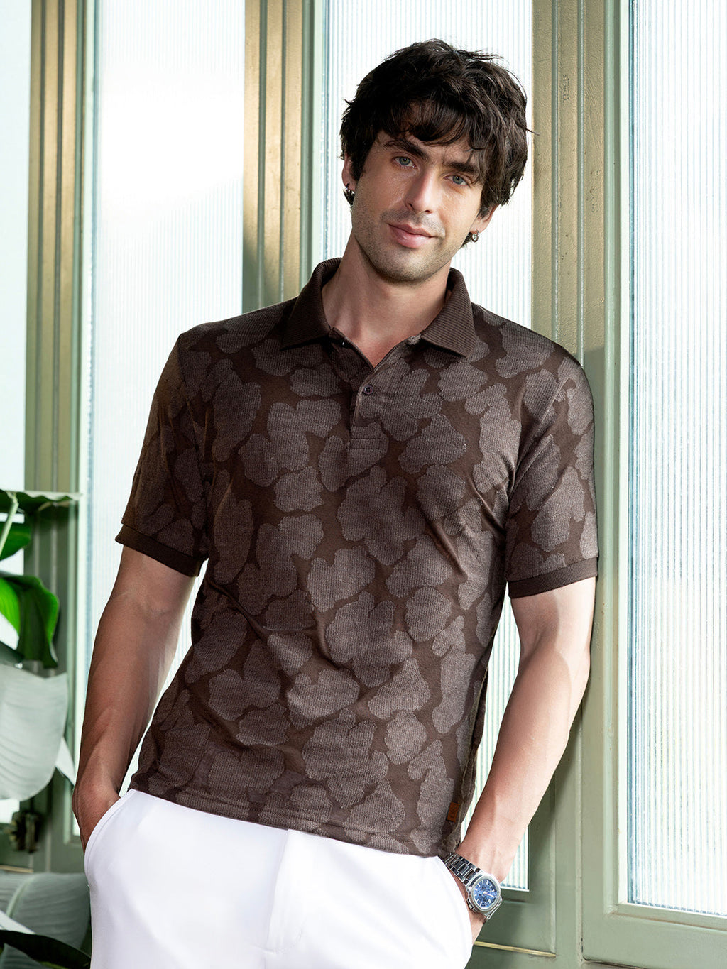Campus Sutra Smear-Jacquard Polo T-Shirt