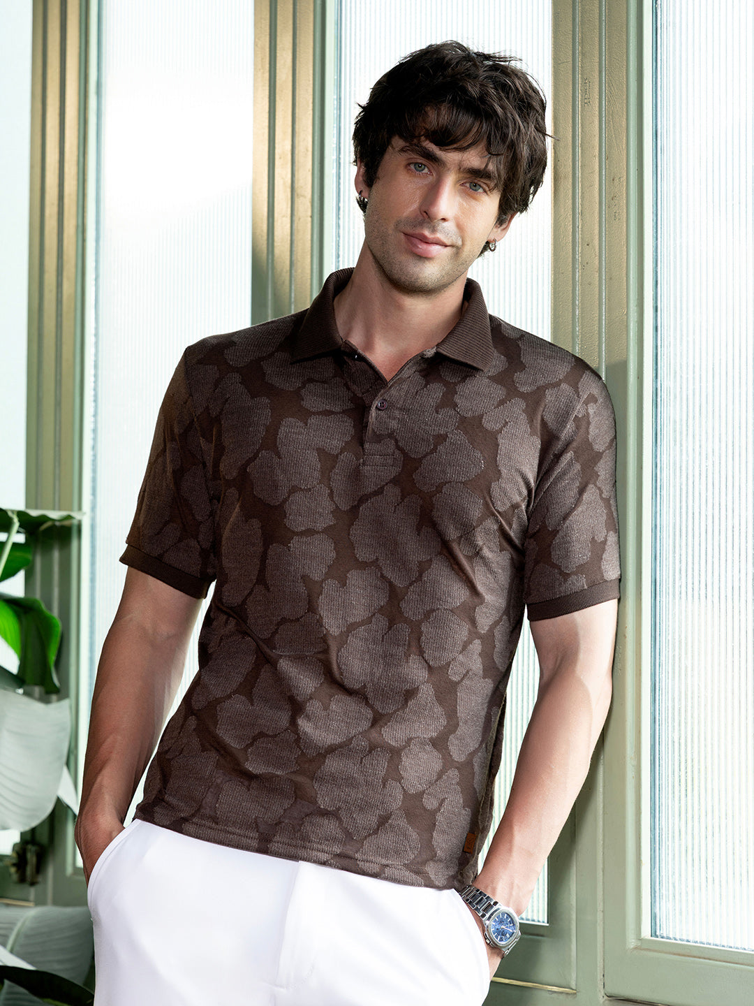 Campus Sutra Smear-Jacquard Polo T-Shirt