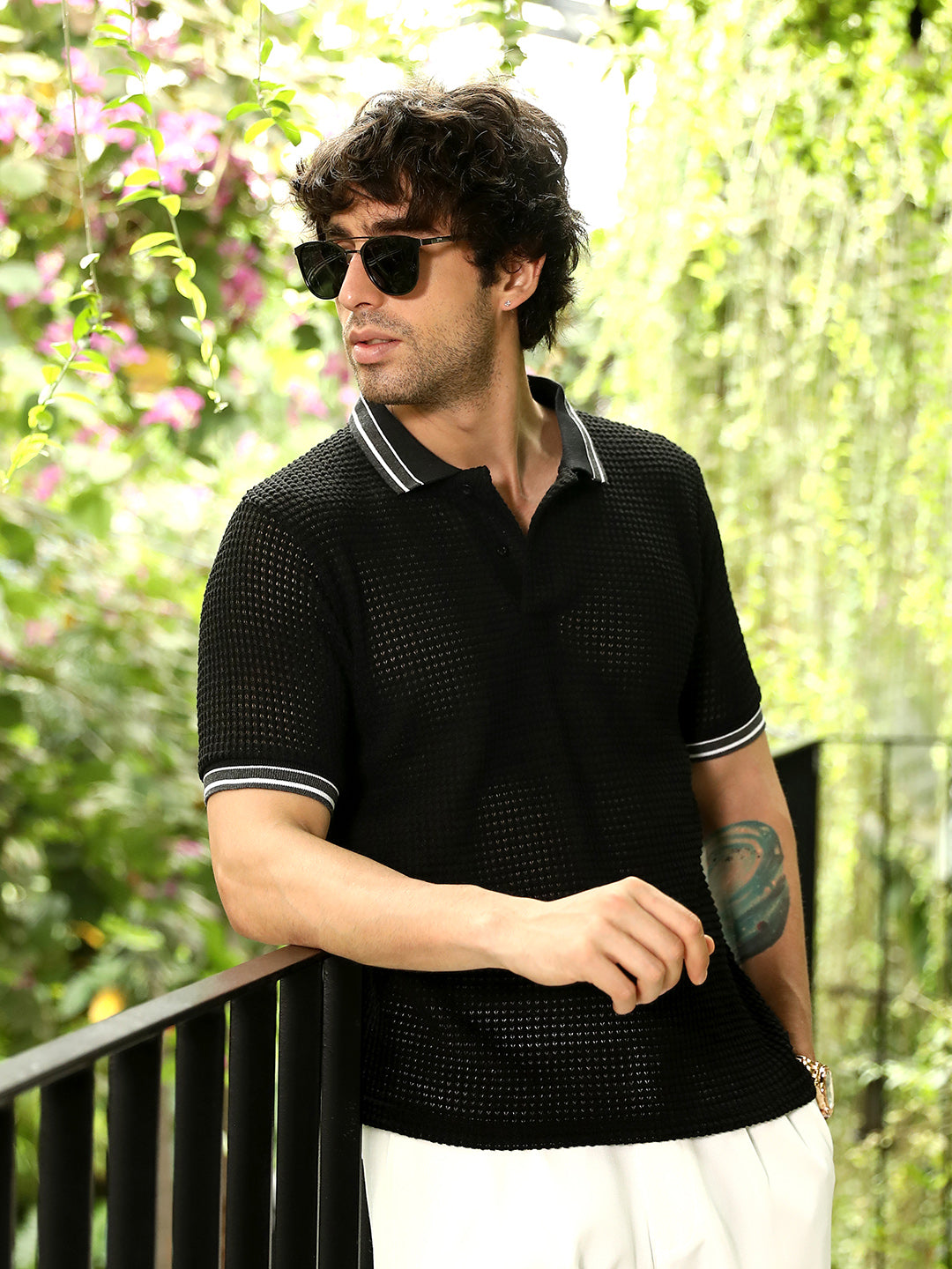 Campus Sutra Loose-Knit Polo T-Shirt