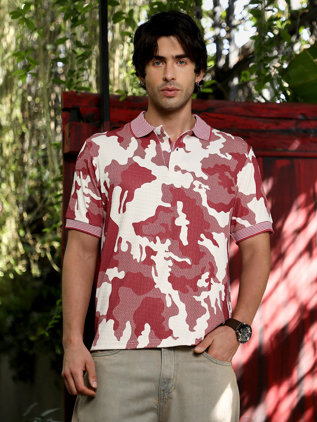 Campus Sutra Camou-Jacquard Polo T-Shirt