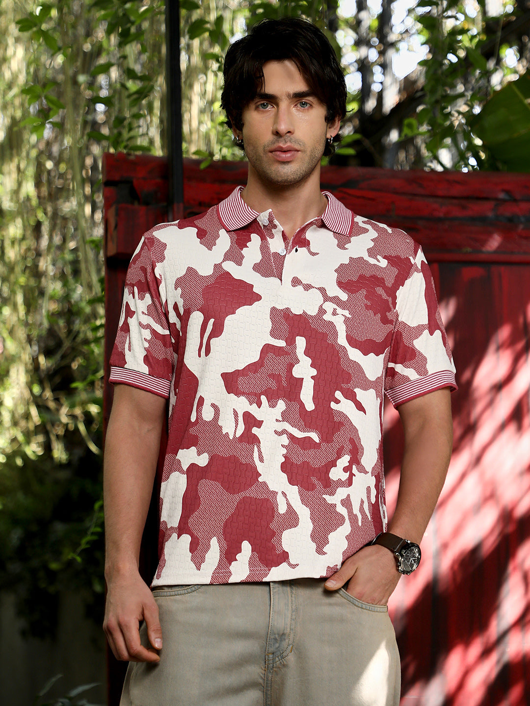 Campus Sutra Camou-Jacquard Polo T-Shirt