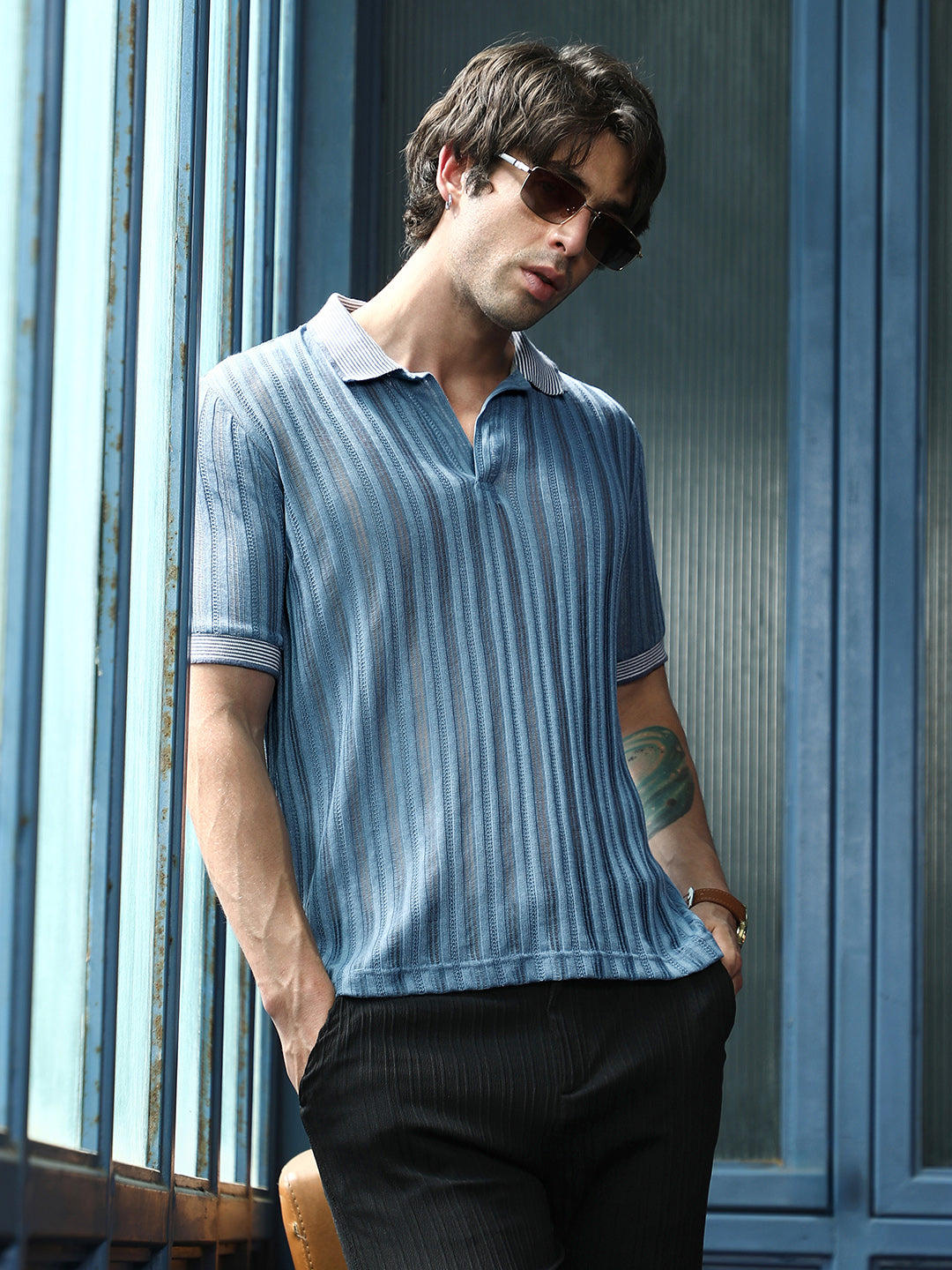 Campus Sutra Panel Jacquard-Knit Polo T-Shirt