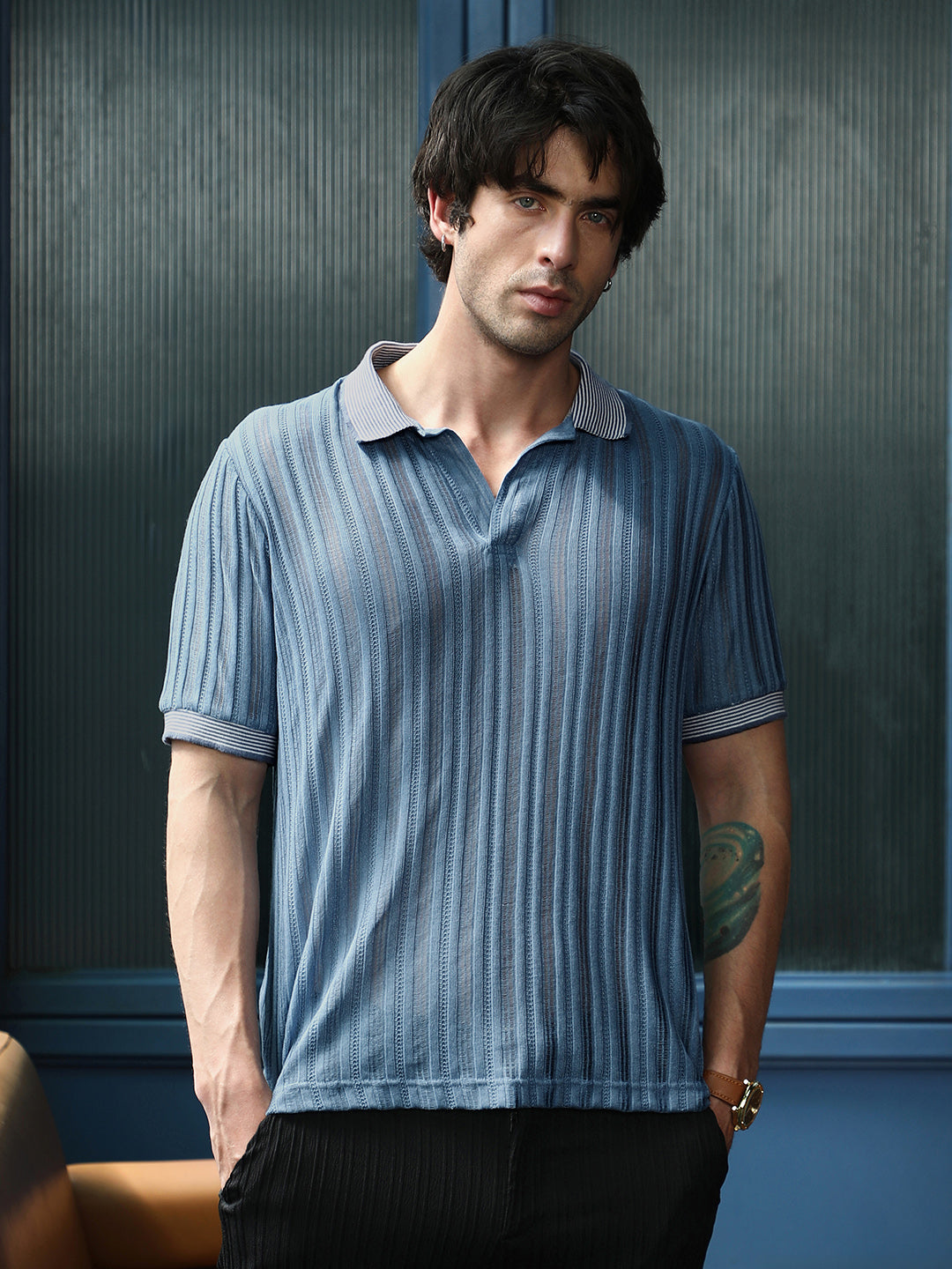 Campus Sutra Panel Jacquard-Knit Polo T-Shirt