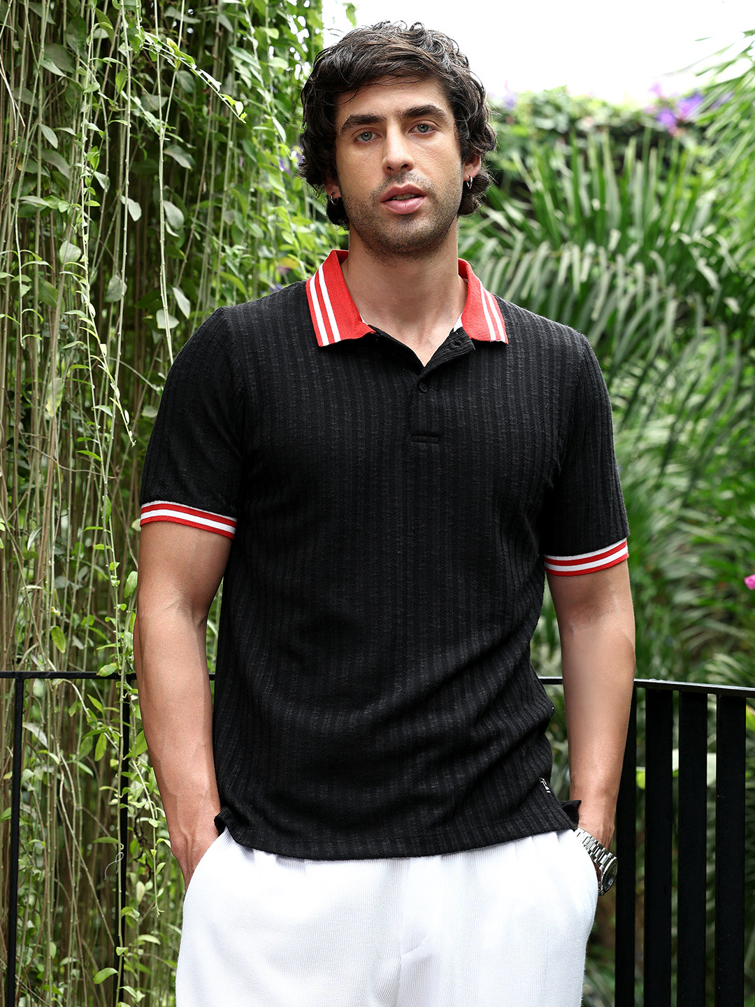 Campus Sutra Contrast Vine-Tactile Polo T-Shirt