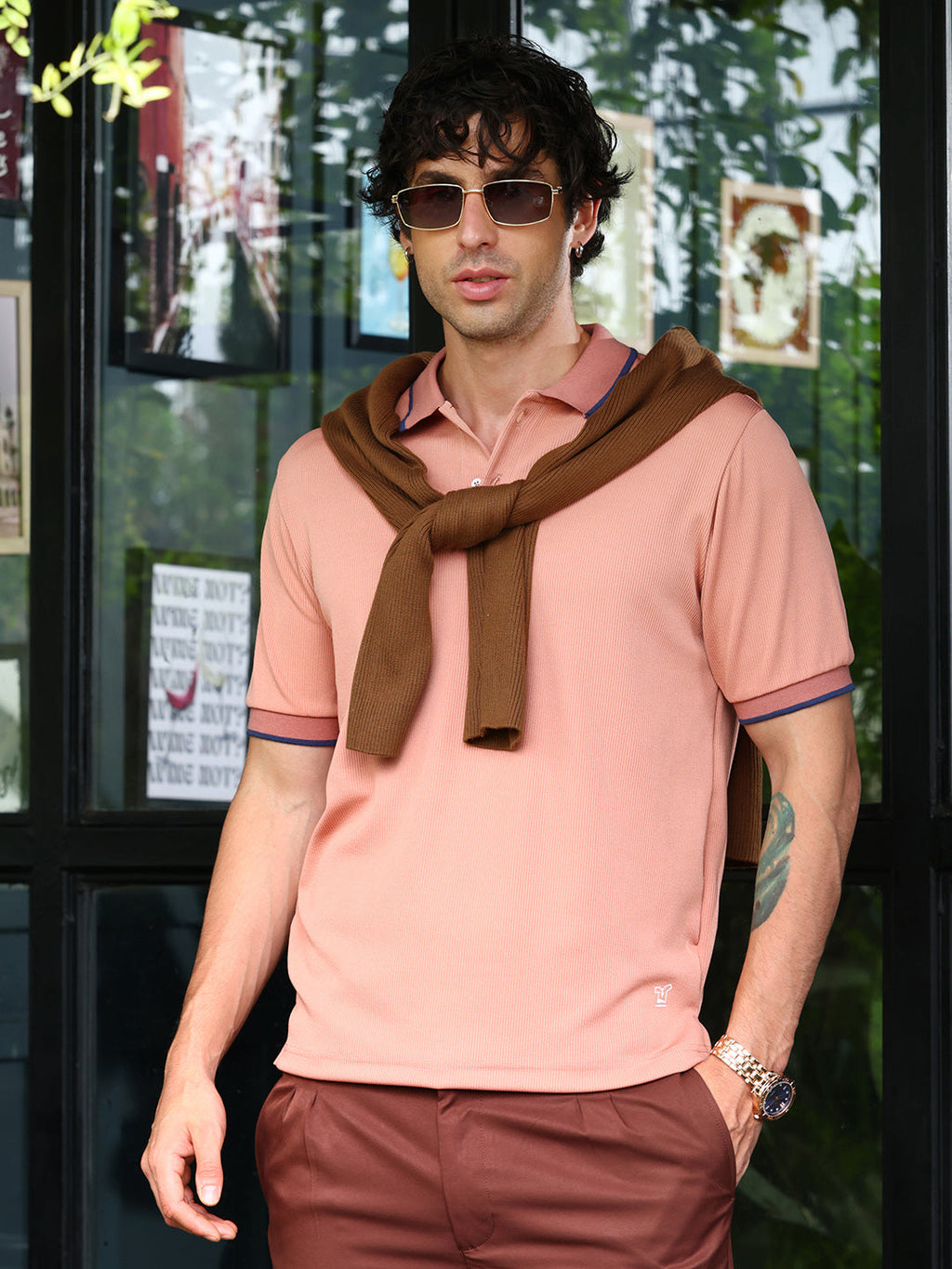 Campus Sutra Contrast-Lined Ribbed Polo T-Shirt