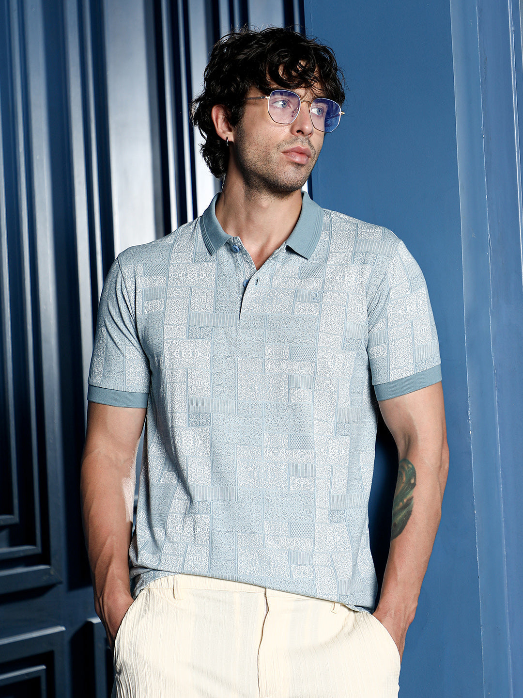 Campus Sutra Lattice-Geometric Jacquard Polo T-Shirt