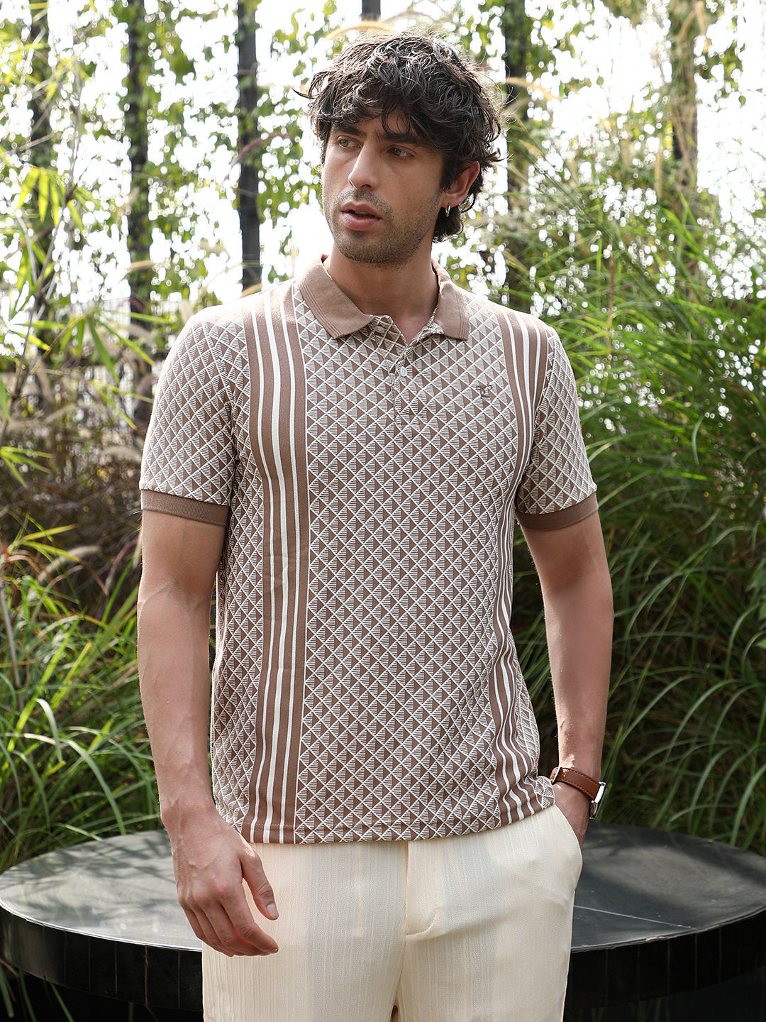 Campus Sutra Gradient-Geometric Jacquard Polo T-Shirt