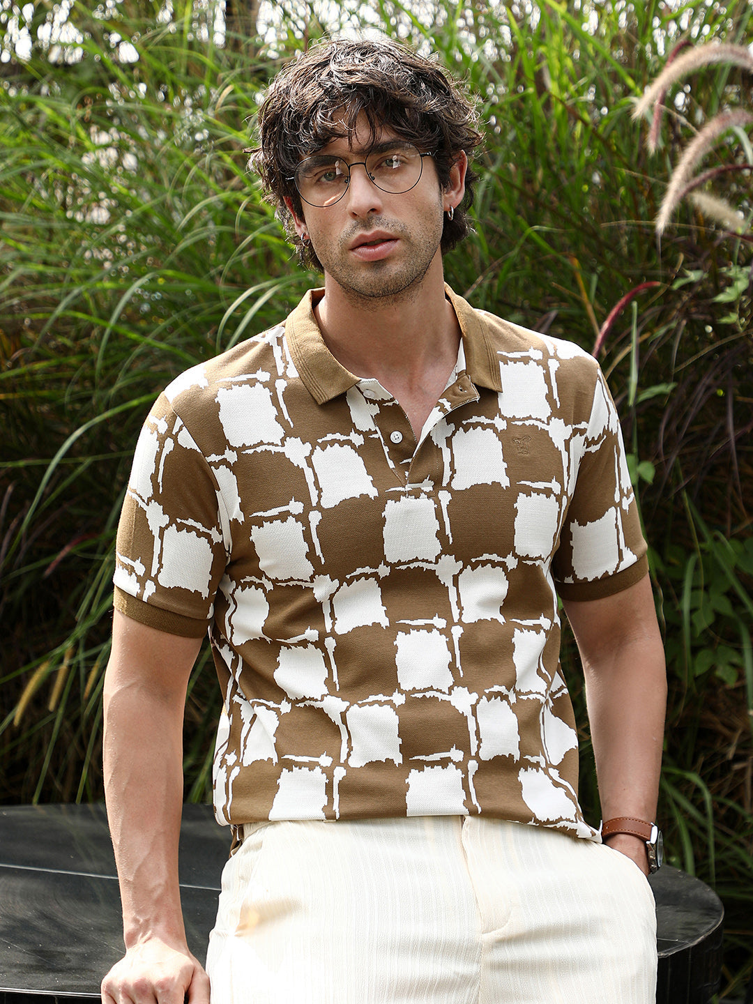 Campus Sutra Blob-Geometric Jacquard Polo T-Shirt