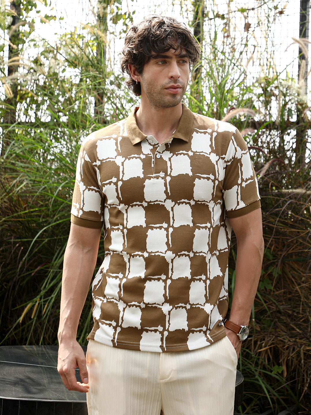 Campus Sutra Blob-Geometric Jacquard Polo T-Shirt