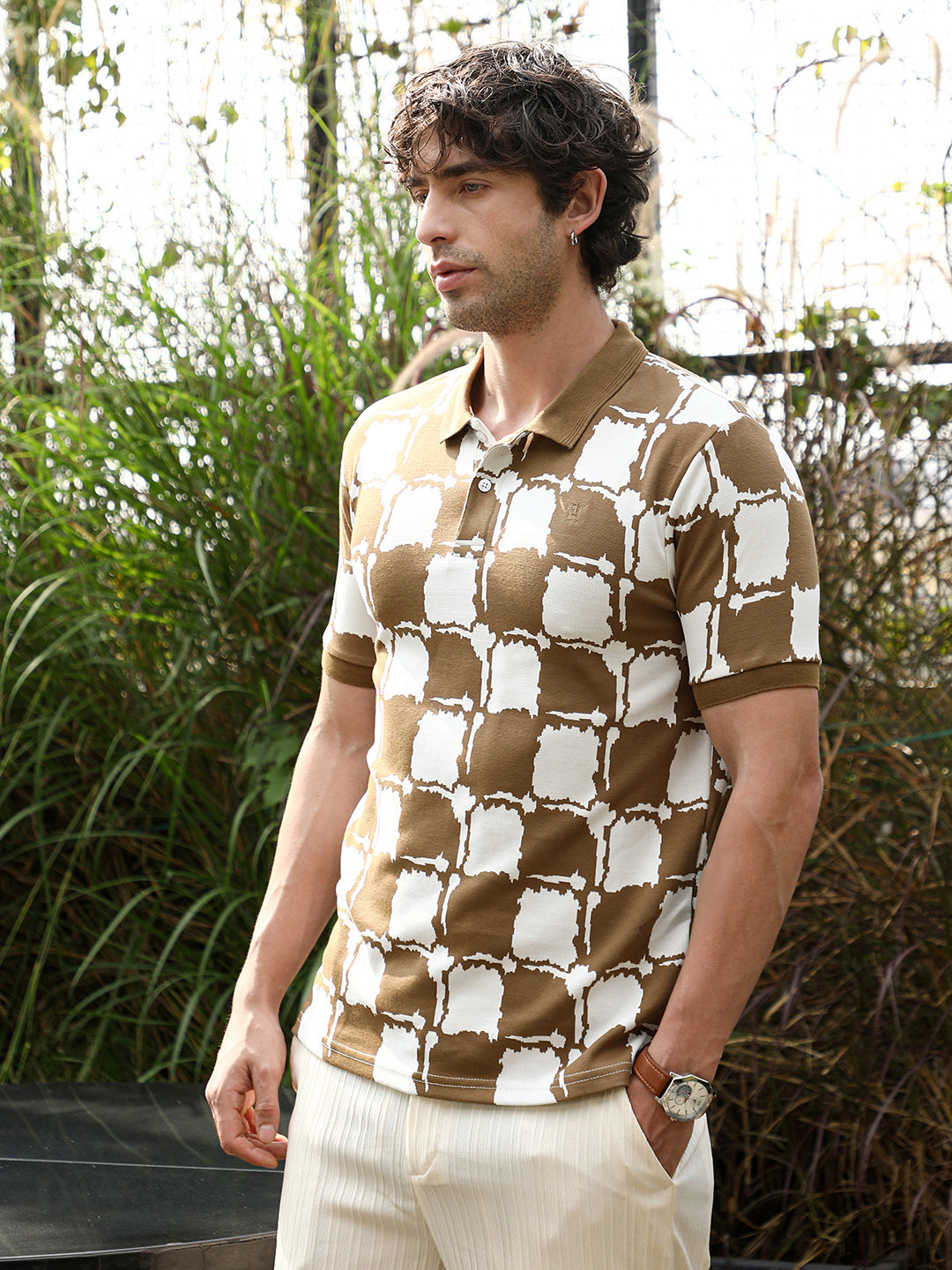 Campus Sutra Blob-Geometric Jacquard Polo T-Shirt