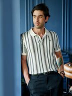 Campus Sutra Men's Cream & Black Textured Vertical Striped Knit Polo T-Shirt