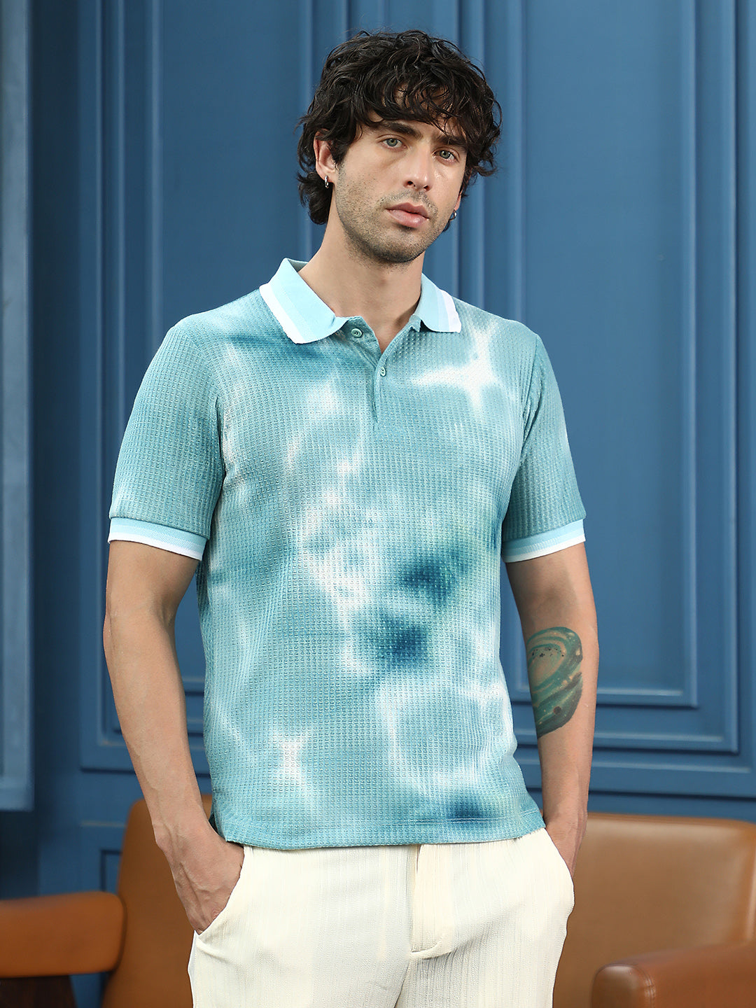 Campus Sutra Dye-Geometric Jacquard Polo T-Shirt