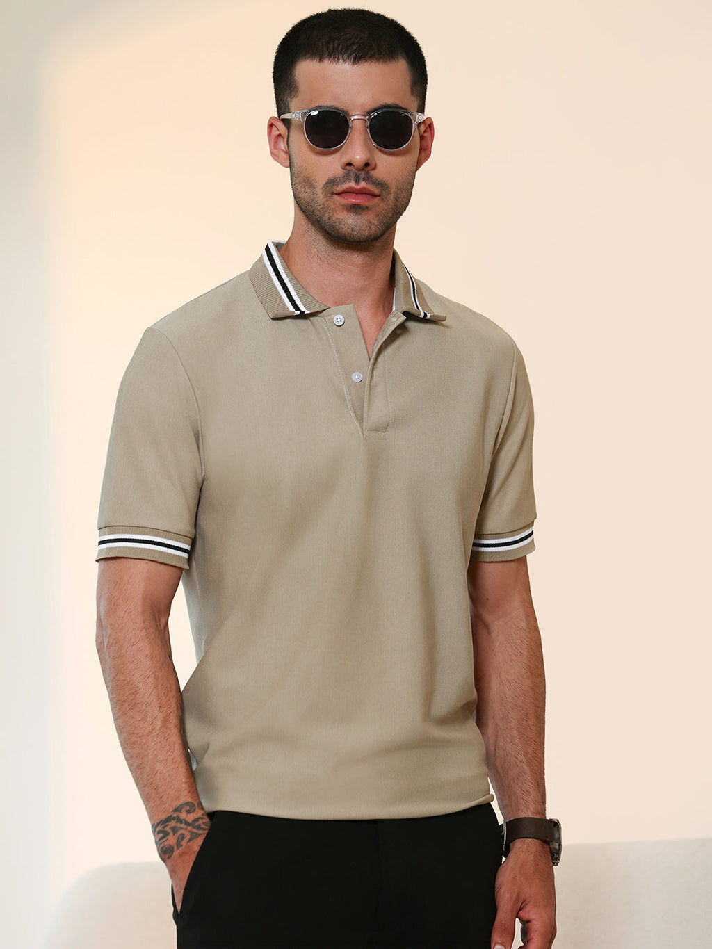 Campus Sutra Beige Tipped Collar Short Sleeve Polycotton Stretch Polo T-shirt