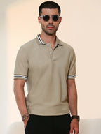 Campus Sutra Beige Tipped Collar Short Sleeve Polycotton Stretch Polo T-shirt