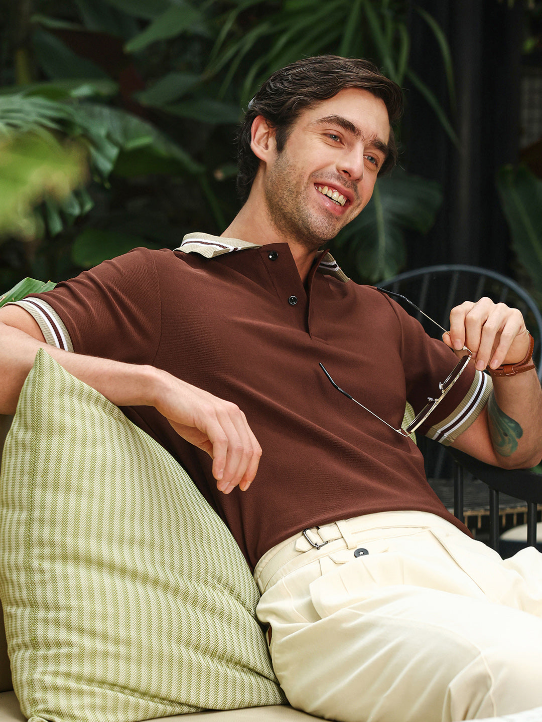 Campus Sutra Men's Brown Tipped Collar Regular Fit Polo T-Shirt