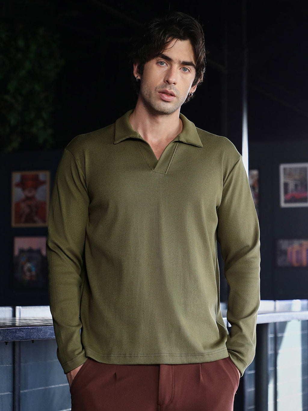 Campus Sutra Solid Ribbed Polo T-Shirt