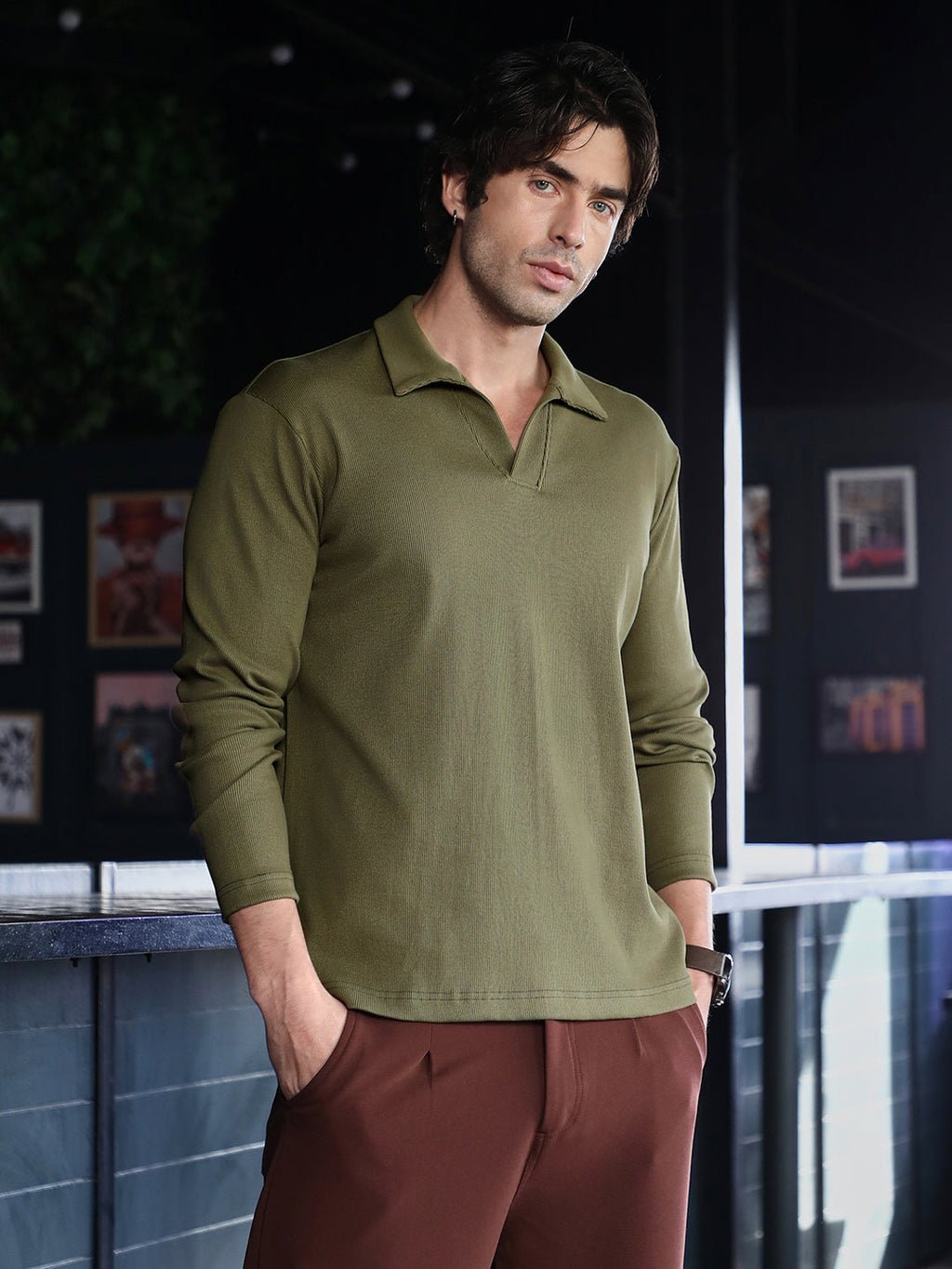 Campus Sutra Solid Ribbed Polo T-Shirt