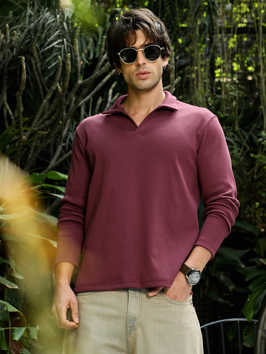 Campus Sutra Solid Ribbed Polo T-Shirt