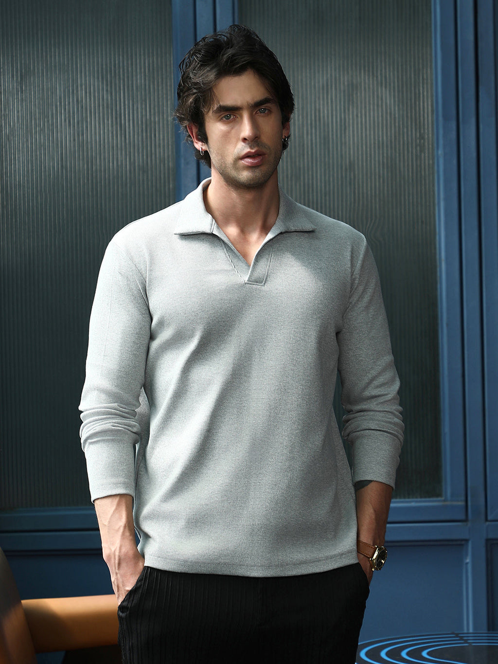 Campus Sutra Solid Ribbed Polo T-Shirt