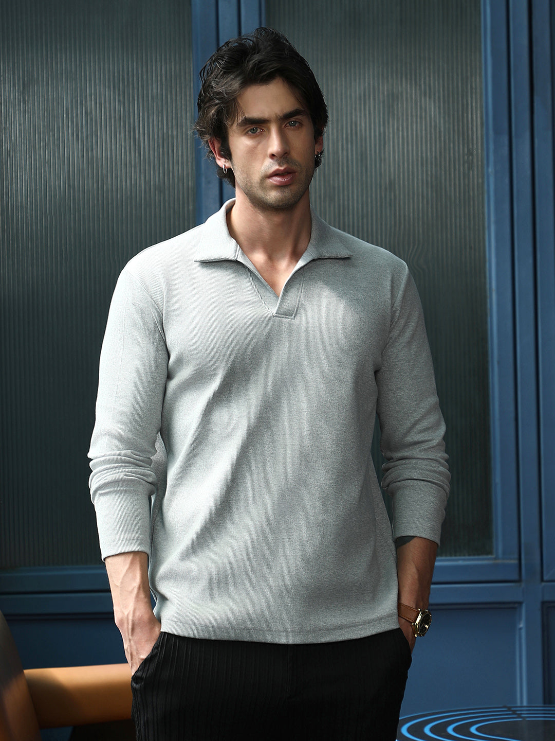 Campus Sutra Solid Ribbed Polo T-Shirt