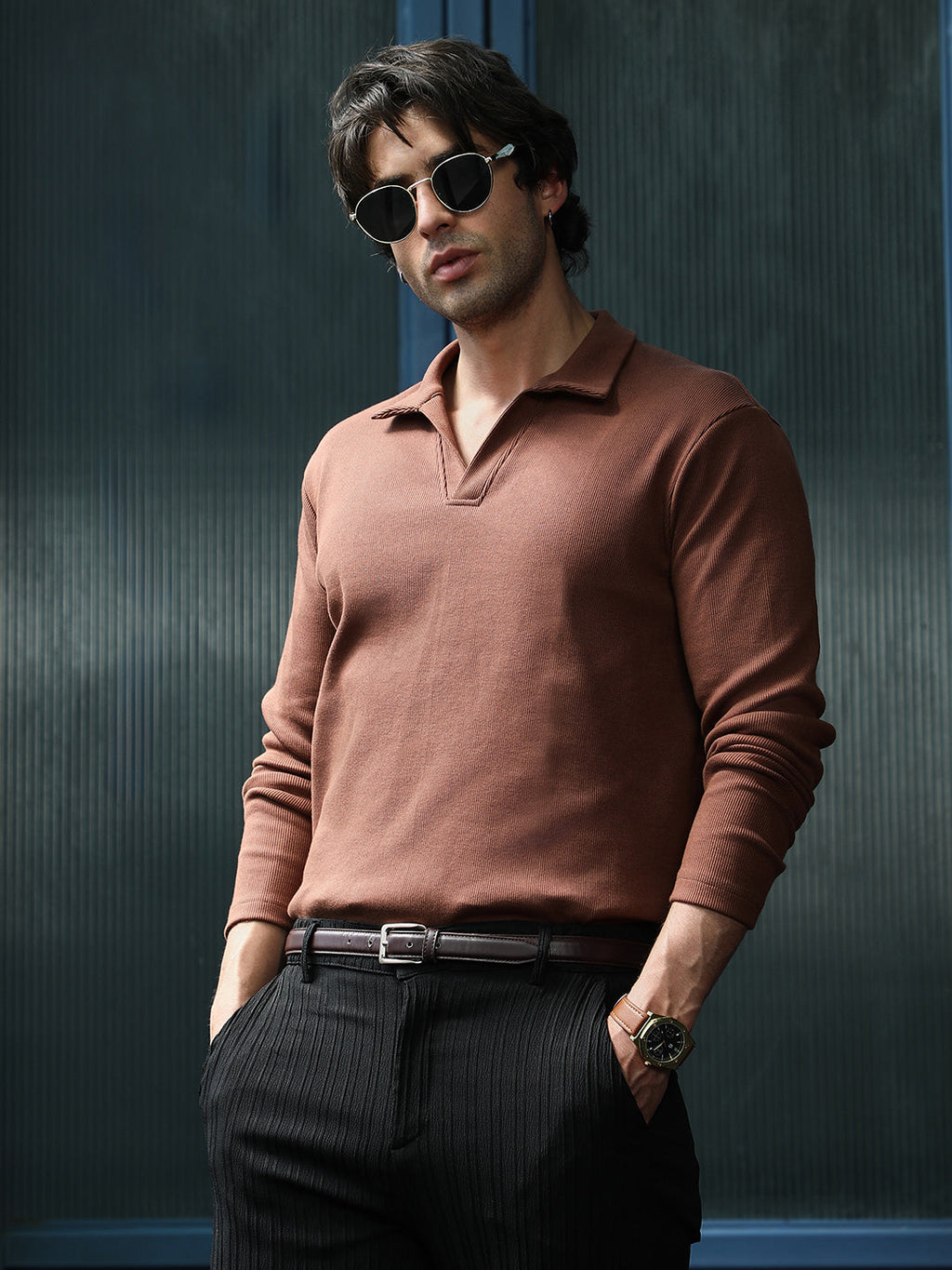 Campus Sutra Solid Ribbed Polo T-Shirt