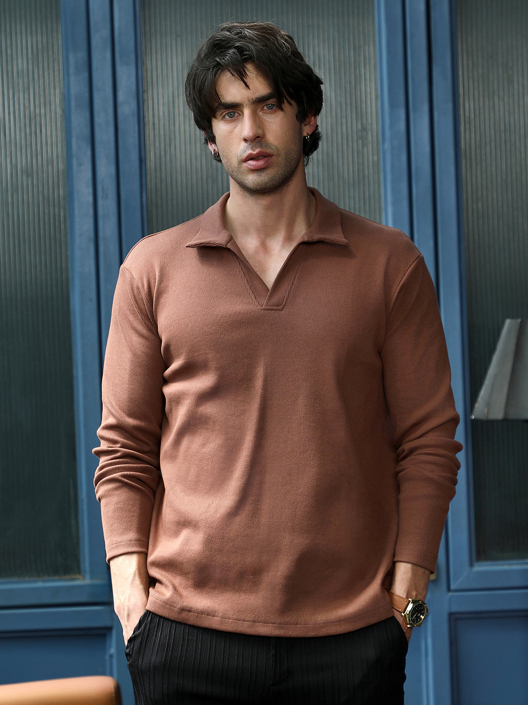 Campus Sutra Solid Ribbed Polo T-Shirt