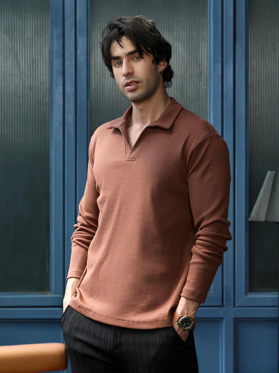 Campus Sutra Solid Ribbed Polo T-Shirt