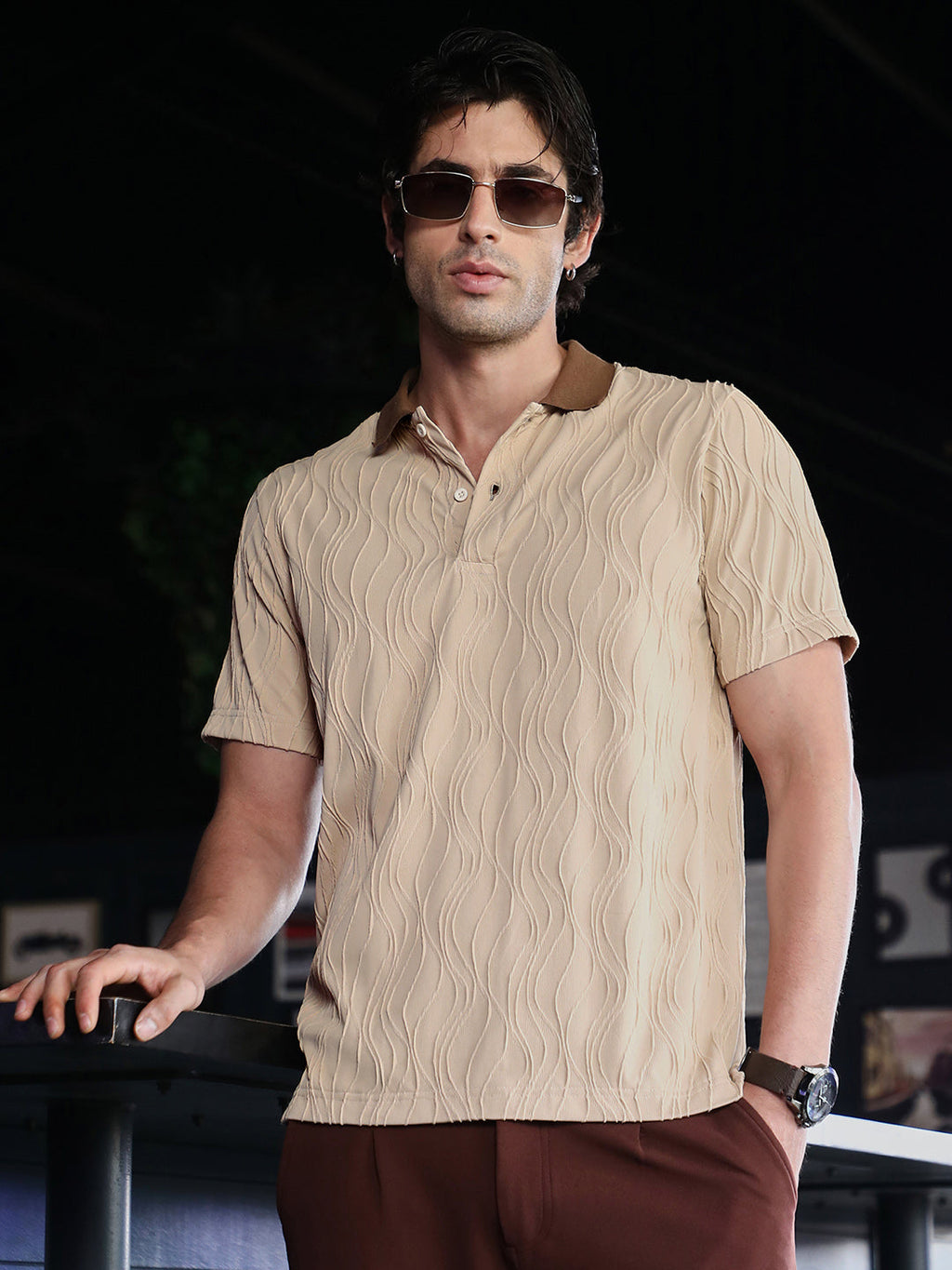 Campus Sutra Swirl-Jacquard Polo T-Shirt