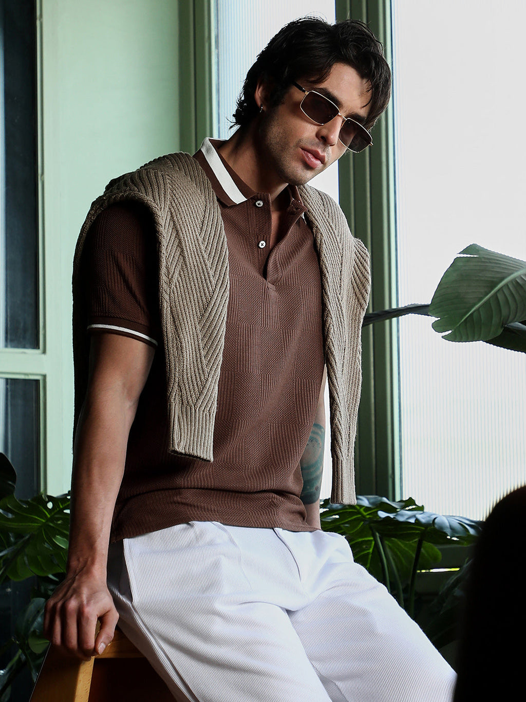 Campus Sutra Cuboid-Jacquard Polo T-Shirt