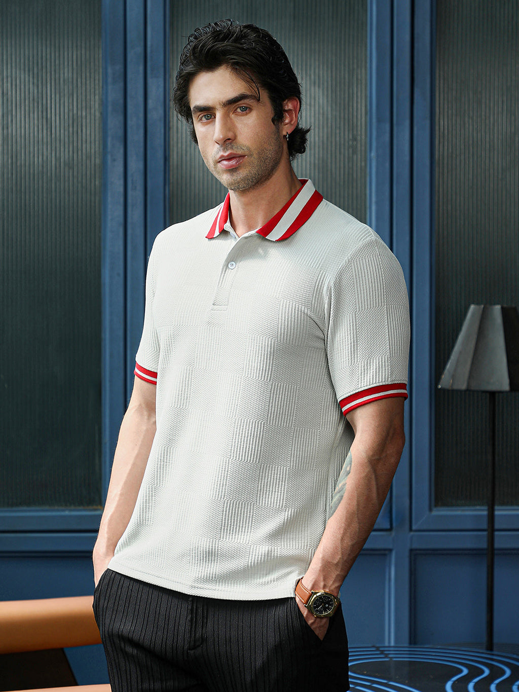 Campus Sutra Cuboid-Jacquard Polo T-Shirt