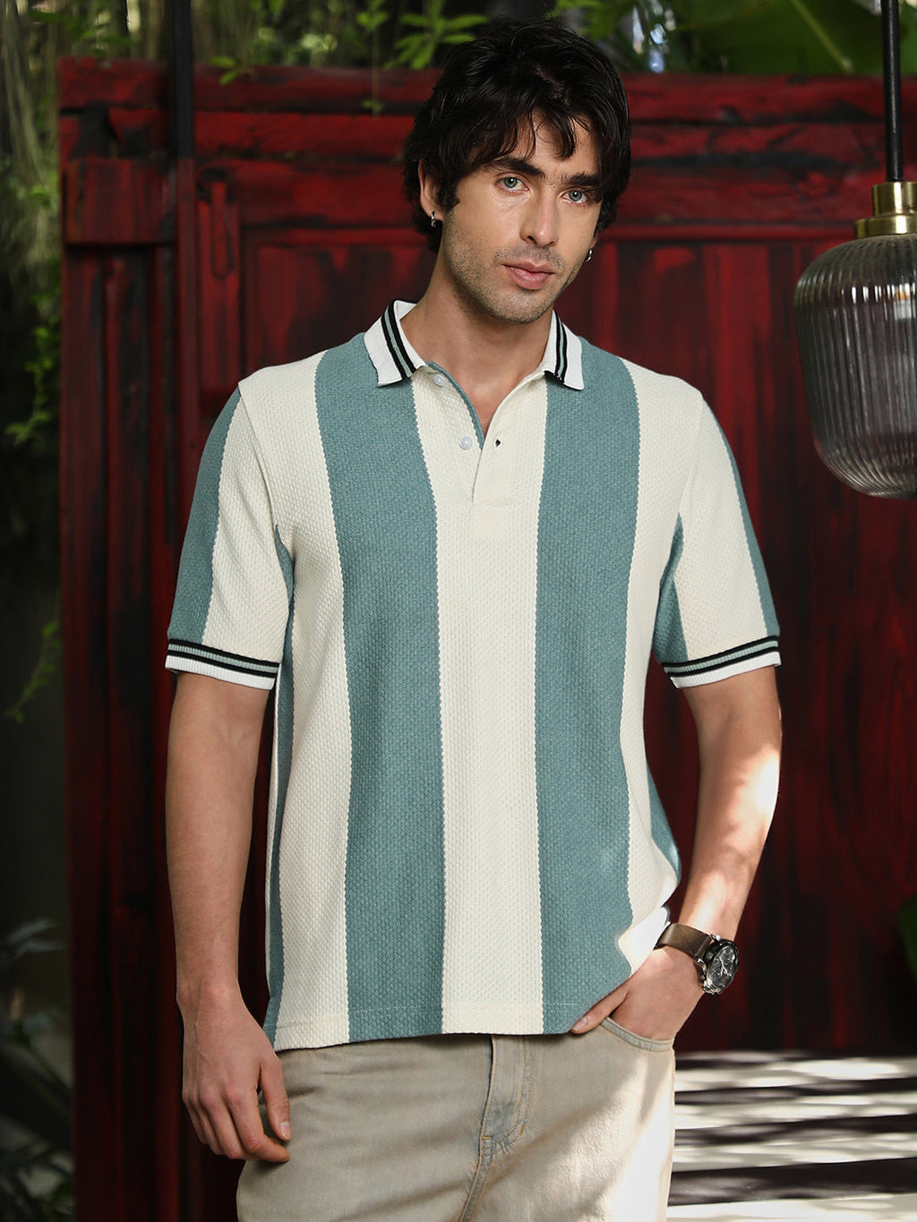 Campus Sutra Awning-Jacquard Polo T-Shirt